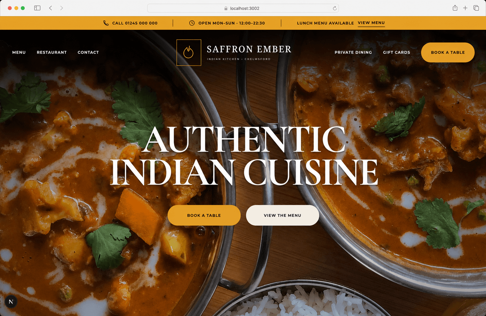 Saffron Ember Indian restaurant website homepage